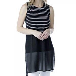 NEW LNBF Black White Stripe Bamboo & Chiffon Tunic Tank Top Size Large